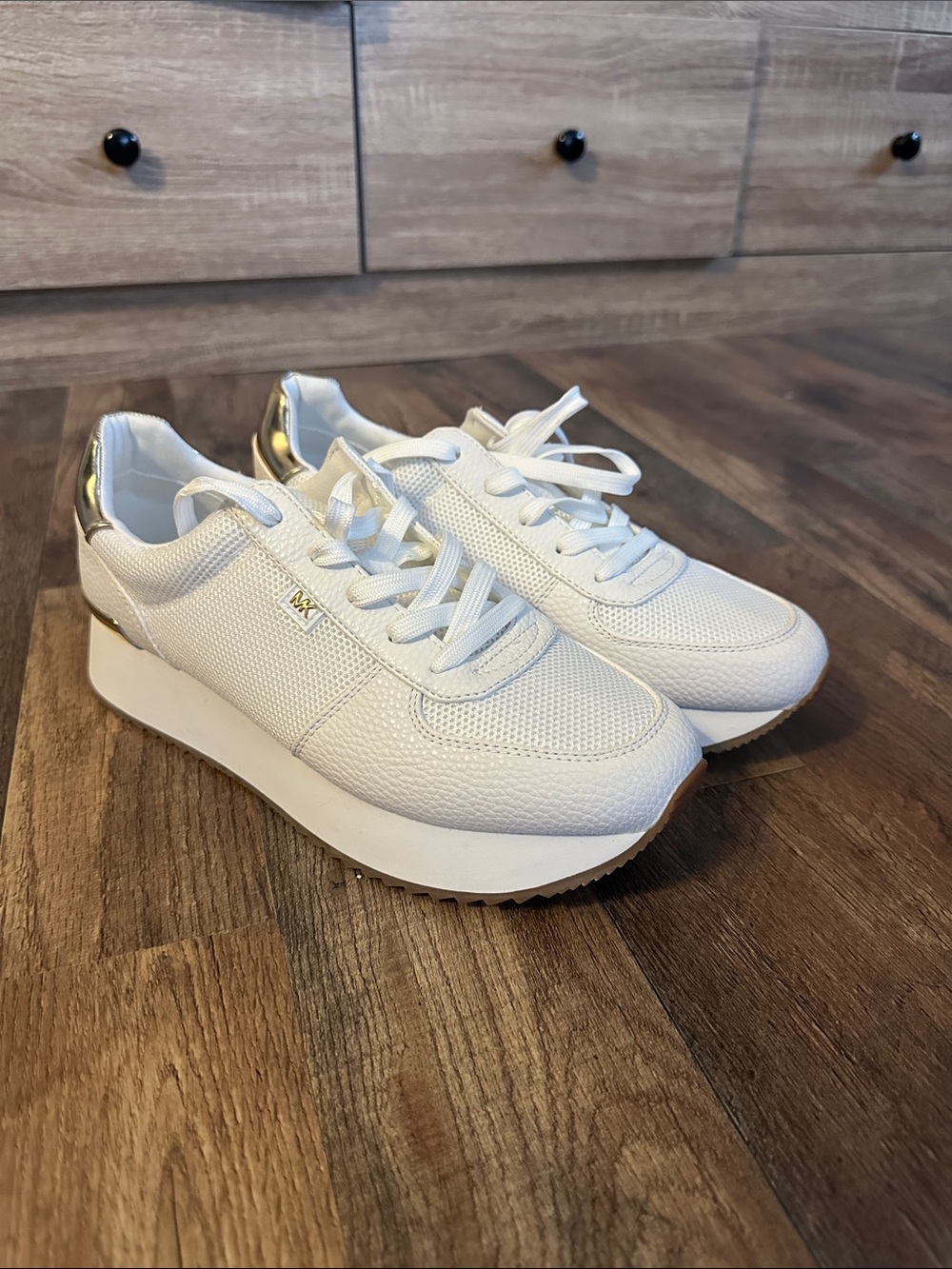 Michael Kors White Platform Sneakers with Gold Heel Detail